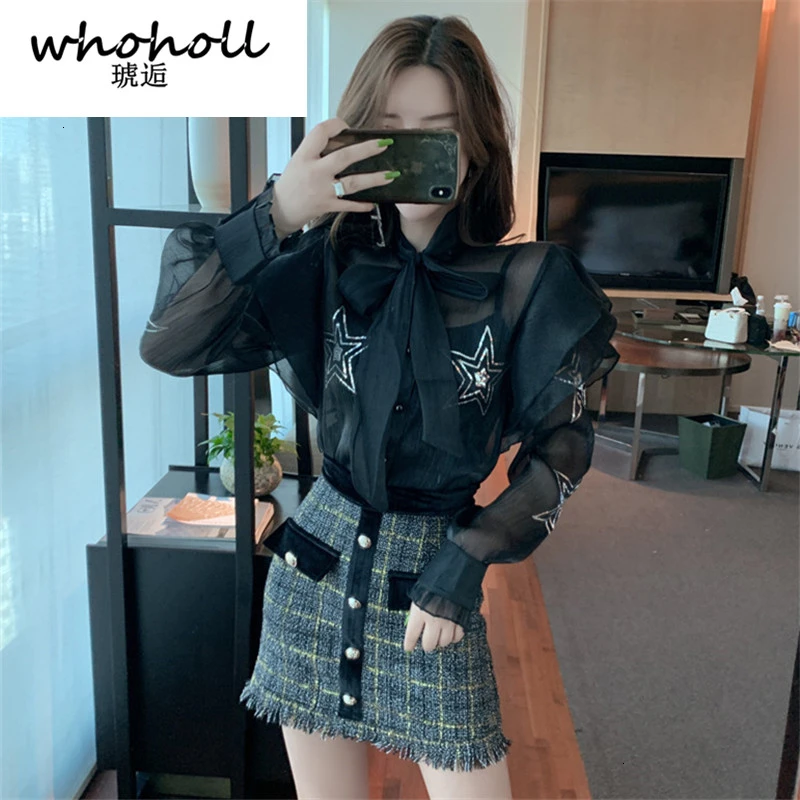 

New Korean Style Bow-knot Star Sequins Blouse Ladies +CamisoleFashion 2019 Two Piece Set Women