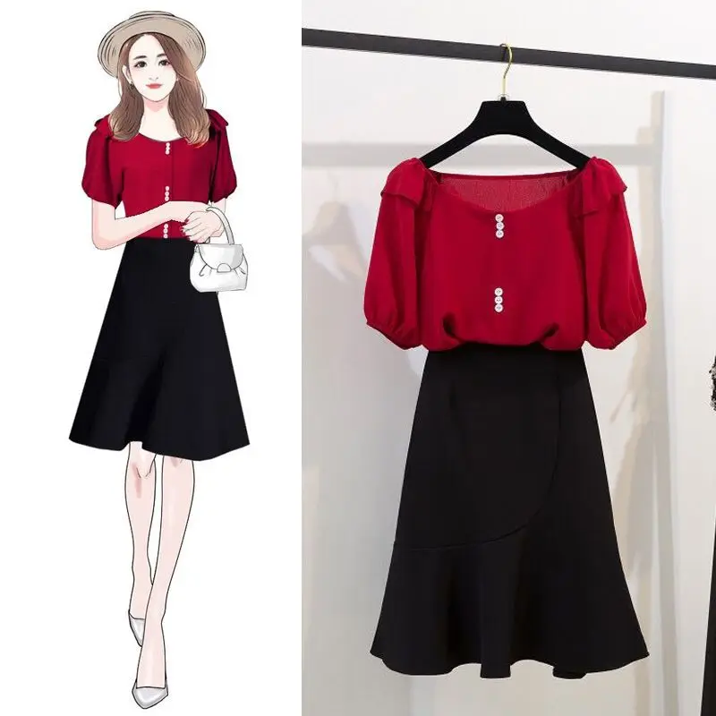 

2019 New Style Summer Elegant Solid Color Tops + High-waisted Flounced Fishtail Skirt Two-Piece Set Women's