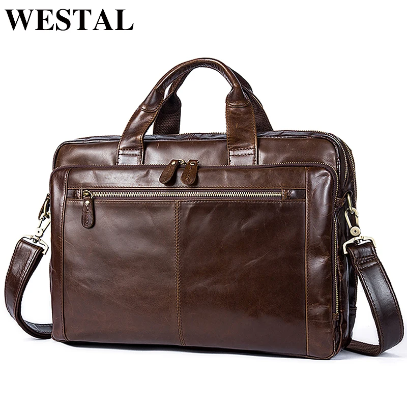 WESTAL Mens Briefcases Designer Men's Leather Bag Men Genuine Leather Laptop Bags for Document A4 Computer Briefcases Totes 9207