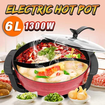 

1300W 220V 6L Electric Hot Pot Multifuctional Mandarin Duck Pot 32cm Kitchen Electric Soup Stock Pot Twin Divided Cooking Hotpot