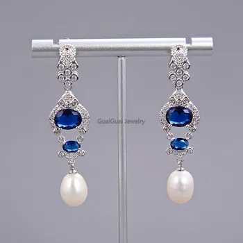 

GuaiGuai Jewelry 2.3" Natural Pearl Blue CZ Earrings-925 Sliver Hook