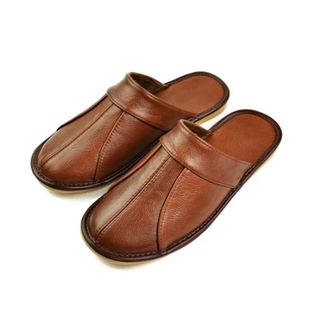 

100% Cow Leather Handmade Men Home Slippers 2020 New Spring Slip On Soft Comfortable Black Brown Genuine Leather House Shoes