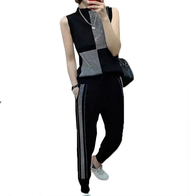 2024 Summer Two Piece Set Women Fashion Sleeveless Vest Rhinestone 2 Piece Set Women High Waist Casual Knitted Tracksuit Women