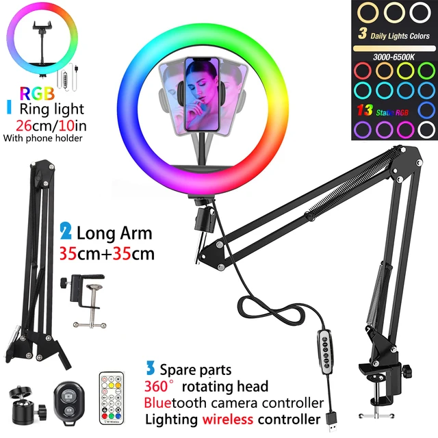 12in 30cm Selfie Ring Light RGB Tripod Phone Stand Holder Photography RingLight Circle Fill Light Led Color Lamp Trepied Makeup 10in RGB Type 6