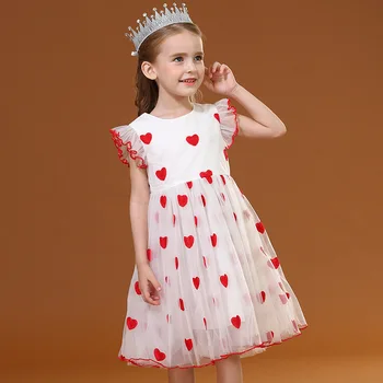 

Little Girl Dress Summer 2020 New Baby Princess Red Love Heart Flying Short Sleeve Puffed Fluffy Yarn Skirt Wedding Flower Girls