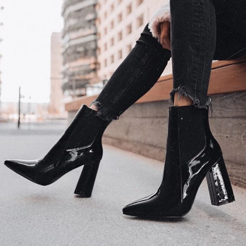 

2020 Women Black Ankle Boots 11.5cm High Heels Booties Stripper Fall Plus Size Punk Boots Chelsea Block Heels Chunky Short Shoes