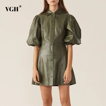 

VGH PU Leather Dress For Women Lapel Collar Puff Sleeve High Waist Mini Dresses Female 2020 Autumn Big Size Fashion New