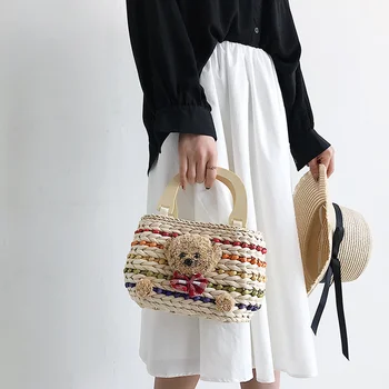 

CuteHand Made Bear Flower Design Straw Handbag Women Weaving Summer Beach Bag Ladies Hand Shoulder Bags Brands Designer Tote