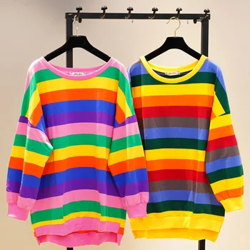 

Rainbow Stripes Female Sweatshirts New Spring Autumn Large Size Loose Students T-shirts Medium-long Pullovers Top Casual