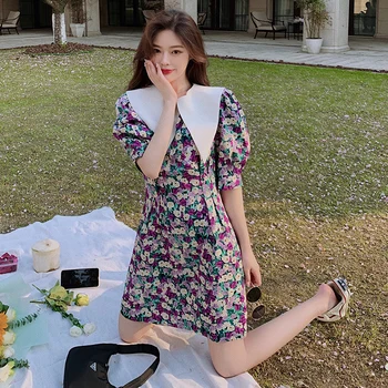 

Mini dress 2020 summer new lapel floral dress female lantern sleeve waist retro fairy skirt A word skirt