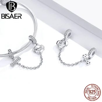 

BISAER Safety Chain 925 Sterling Silver Cubic Zircon Dog Love Bone Safety Chain Beads Charms fit Bracelets DIY Jewelry HSC1434