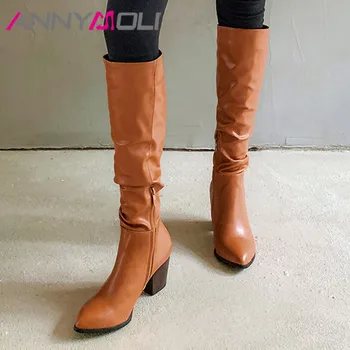 

ANNYMOLI Woman Boots Pointed Toe Knee High Boots Zip High Heel Long Boots Pleated Thick Heel Female Shoes Autumn Winter White 46