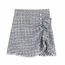 QZ969 Новая Осенняя твидовая мини-юбка с кисточками и жемчужинами