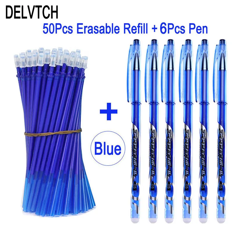 

DELVTCH 0.5mm 6+50Pcs/Set Erasable Gel Pen Erasable Pen Refill Blue Black Erasable Refill School Stationery Office Writing Tools