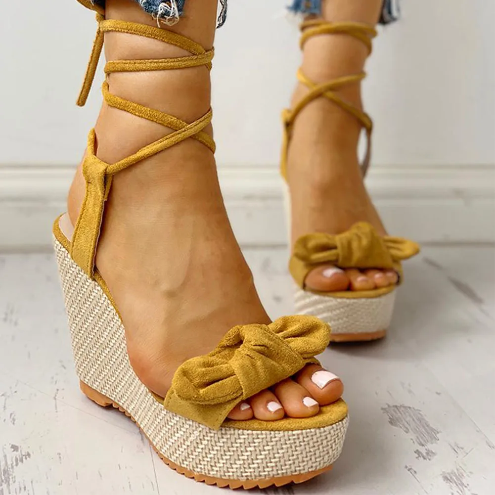 

SARAIRIS 2020 Dropship Wedges Shoes High Heels Casual Platform Fashion Sweet Bow Summer ankle-wrap Women Shoes Woman Sandals