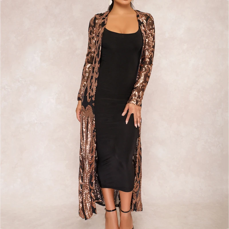 lower price  long coat Women Ladies Sexy Sequin Long Sleeve jacket Spring Autumn tops See-Through vintage elegan