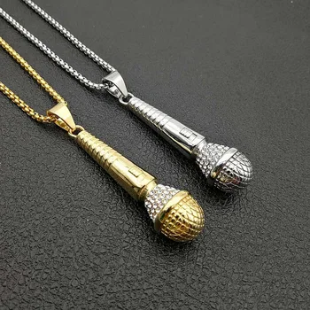 

Gold Silver color Ice Out Chain Necklace Microphone Pendant Men/Women Stainless Steel Rhinestone Best Friend Jewelry Hip Hop
