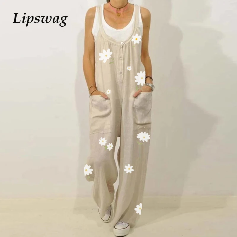 Retro Flower Print Cotton Linen Jumpsuit Summer Elegant Button Strappy Backless Bodysuit Sexy Pocket Loose Women Trousers Romper Retro Flower Print Cotton Linen Jumpsuit Summer Elegant Button Strappy Backless Bodysuit Sexy Pocket Loose Women Trousers Romper