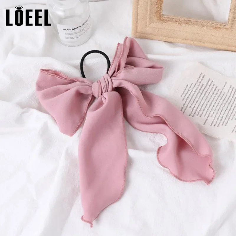 Pink LOEEL, женские резинки для волос с кроличьими ушками, одноцветные резинки для волос с большим бантом, шифоновая лента, бант, резинка, украшения для волос - Цвет: Pink