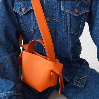 

Candy color cross-body handbag lady Ins soft leather broadband bucket bag retro Sen tie knot hand shoulder women bags