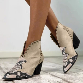

Women's Ankle Boots Rivet Ladies Shoes Slip on Pointed Toe Mid Heels Female Footwear Print 2020 Fashion Autumn PU Leather Flock