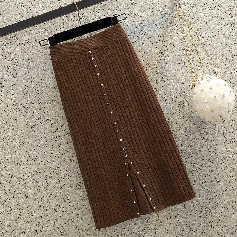 beading brown Женский свитер, трикотажная юбка, карман, юбка-карандаш, высокая талия, трикотажная юбка, эластичная, осенняя, теплая, Зимняя - Цвет: beading brown