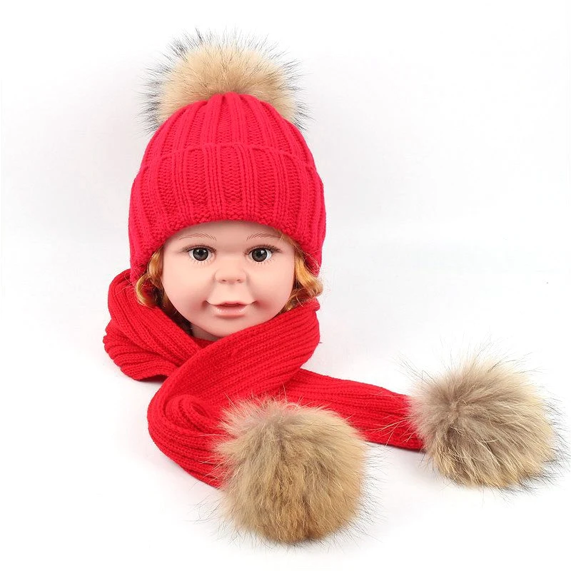 Детский зимний шарф из натурального меха+ шапка милая и очаровательная детская теплая осенне-зимние шапки для мальчиков и девочек Рождественский подарок на год для мальчиков и девочек - Цвет: red1