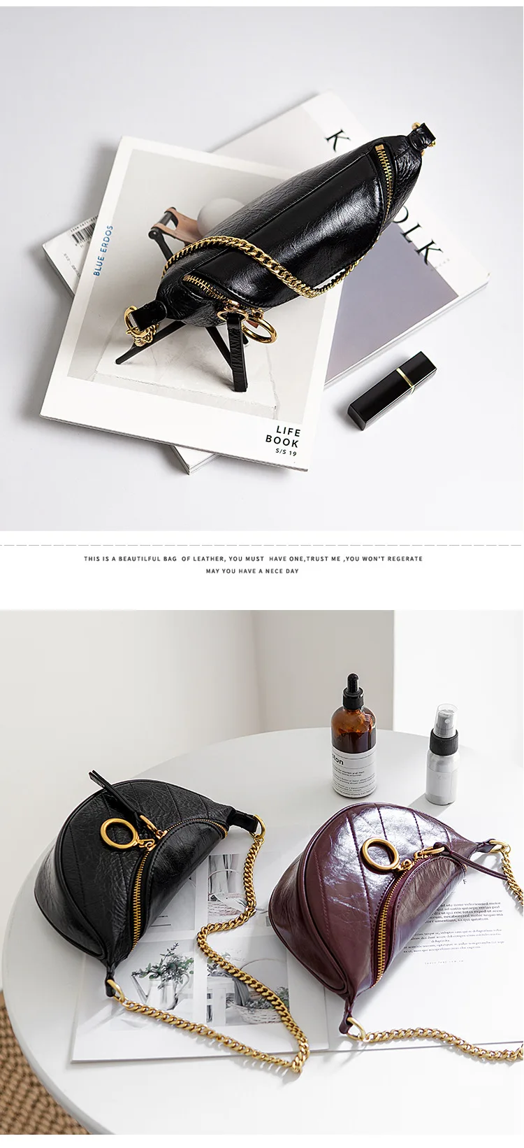 The First Layer of Leather Chest Bag Female Oil Wax Leather Chain Messenger Shoulder Fashion New Handbag