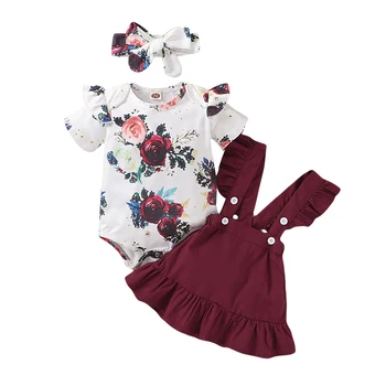 

3PCS Girls Clothes Set Baby Boys Girls Romper +Skirt +Hairband Flower Print Strap Romper Jumpsuit One-Piece Outfit Summer Clothe