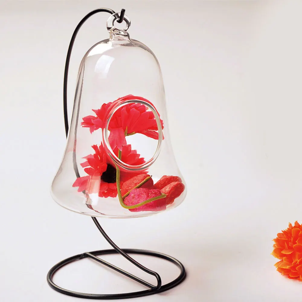 

European Transparent Bulb Glass Vase With Bracket Hanging Glass Vase Ellipse Hanging Terrarium Glass Vase Home Decoration Drop