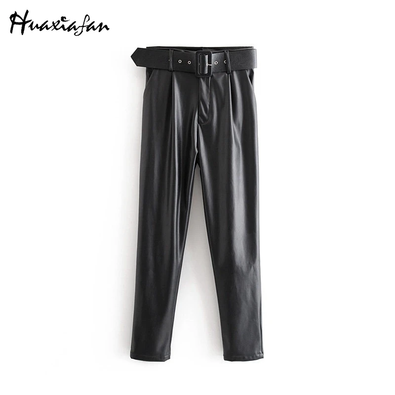 Huaxiafan Women Pu Leather Pants Faux Leather Straight Trousers