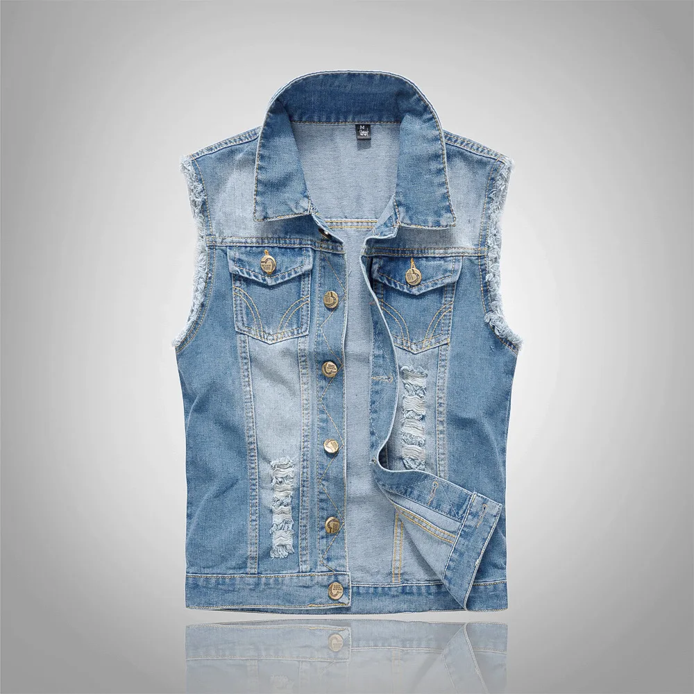 MEN'S WEAR Korean-style Slim Fit Denim Waistcoat MEN'S Light Blue Large Size Denim Jacket Waistcoat with Holes Denim Vest