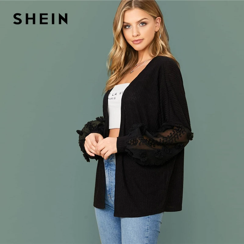 price cut  SHEIN Black Swiss Dot Mesh Lantern Sleeve Rib-knit Coat Oversized Top Women 2020 Autumn Office Lady