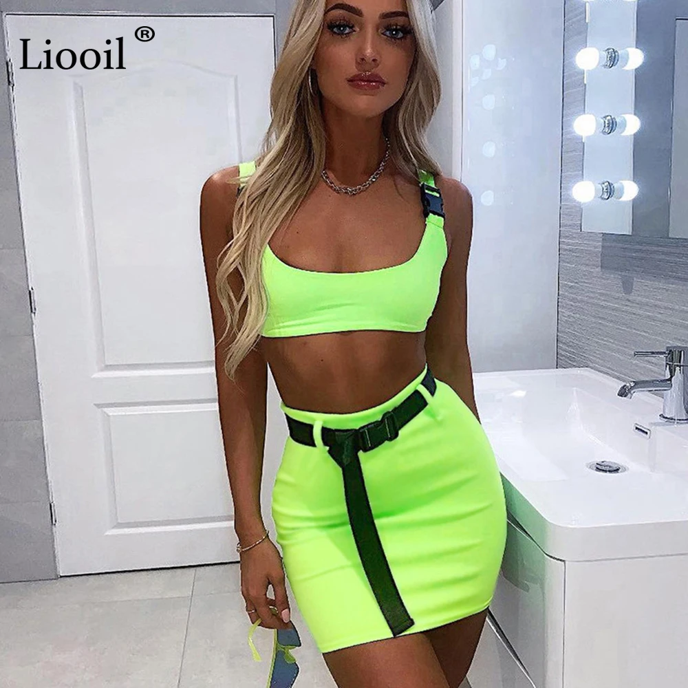

Liooil Neon Green Orange Two Piece Skirt Set Women Club Outfits 2019 Buckle Belt Sexy Tank Top Mini Skirts Tight Matching Sets
