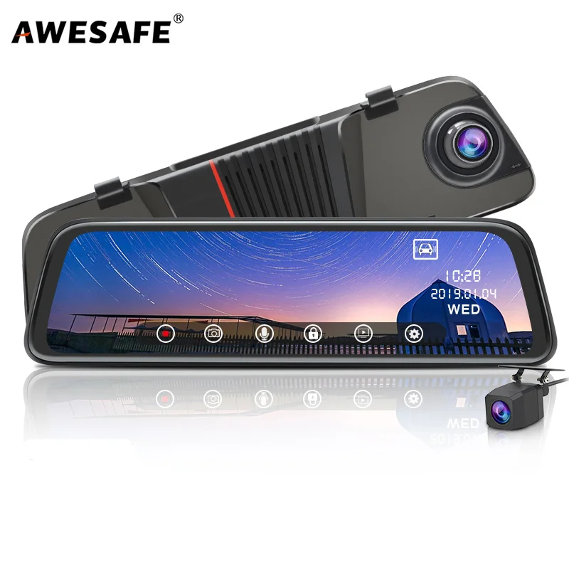 

AWESAFE Car DVR Camera 10'' IPS 2.5D FHD 1080P Stream RearView Mirror Drive Video Recorder Night Vision Auto dash cam