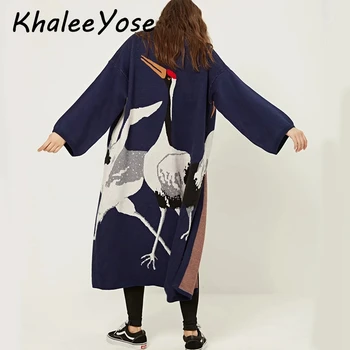 

KHALEE YOSE Long Cardigan Sweaters Thick Wram Autumn Winter Coat Women Kimono Jumper Vintage Knitted Crane Trench Windbreaker