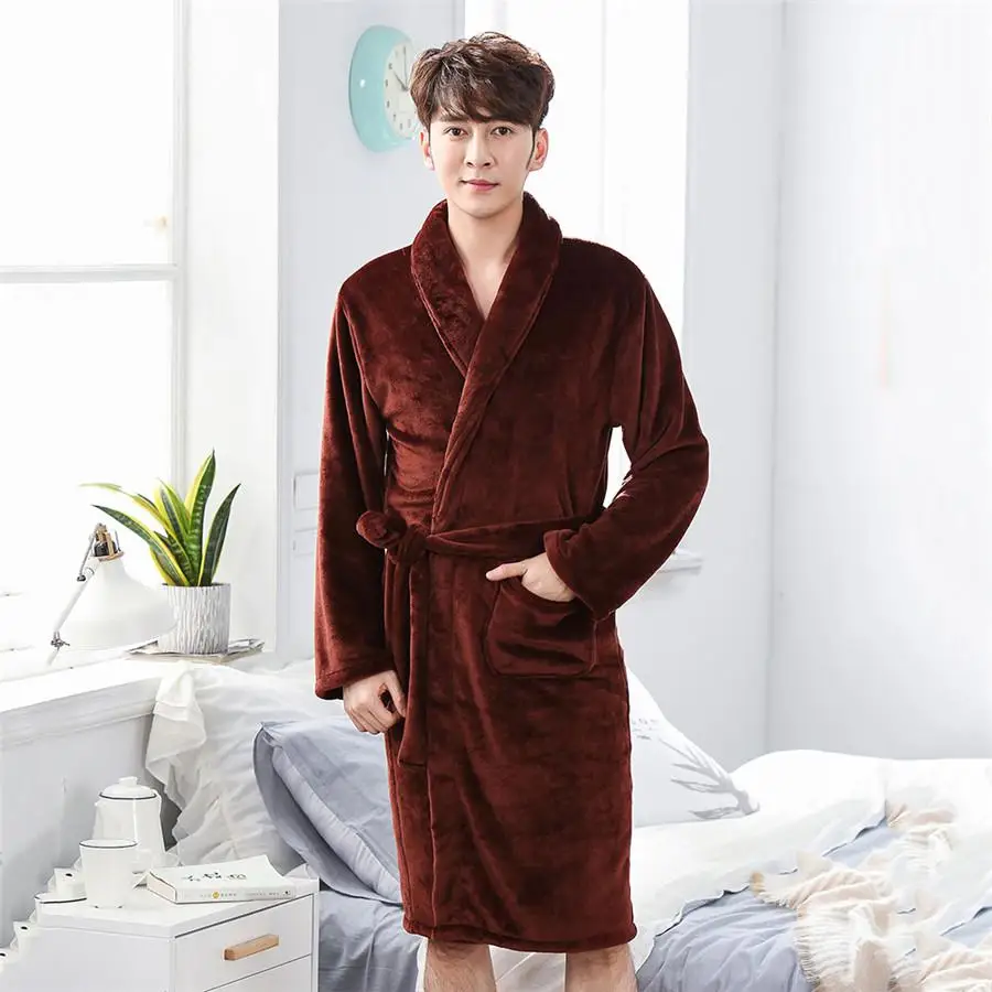 Novelty Plaid Men Flannel Sleepwear Comfortable Keep Warm Homewear Bathrobe Gown Winter Casual Soft Nightwear Intimate Lingerie - Цвет: Dark Khaki