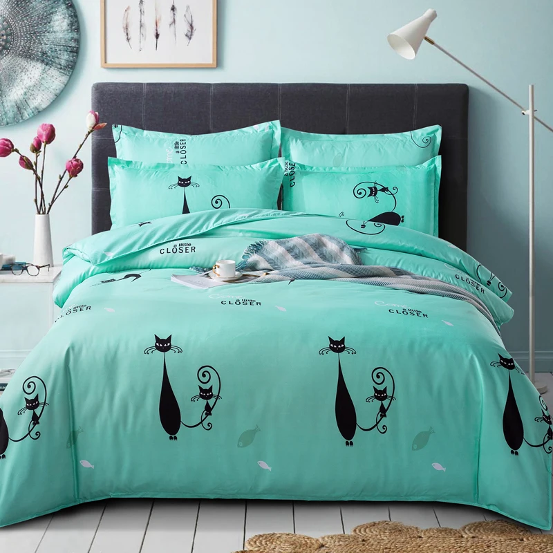 

bedding set luxury A/B double-sided green cat pattern simple Bed sheet , king queen full twin size quilt cover pillowcase 3/4pcs