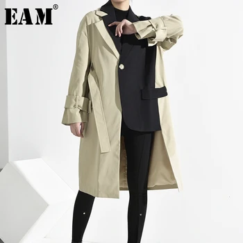 

[EAM] Women Khaki Asymmetrical Split Big Size Trench New Lapel Long Sleeve Loose Fit Windbreaker Fashion Spring 2020 1K91204