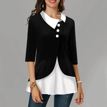 

GAOKE Autumn 3/4 Sleeve Vintage Cotton Blouse Women Pacthwork Shirt Casual Tunic Tops Femininas Plus Size Blusas Chemise