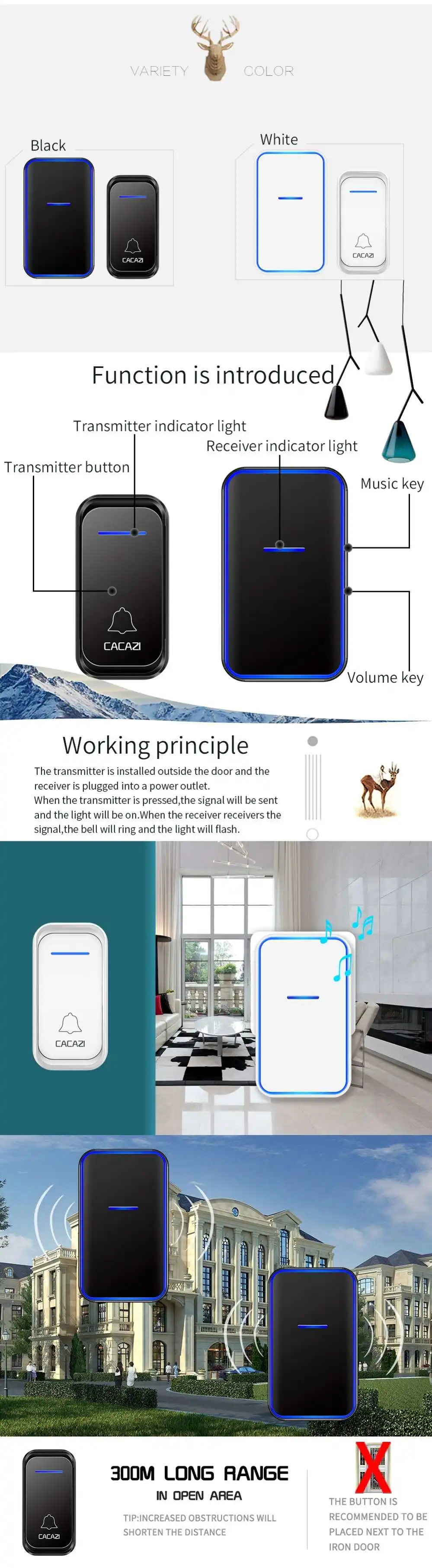 CACAZI Smart Digital AC электронный дверной звонок, приемник-1 шт.) 1 передатчик 300 м дистанционное управление Умный дом Водонепроницаемый светодиодный индикатор Беспроводной дверной Звонок