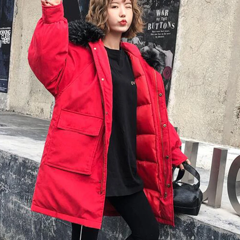 

Warm Winter Jacket Women Fashion Hooded Fur Collar Down Cotton Coat Women Korean Solid Color Loose Large Size Female Coat s598
