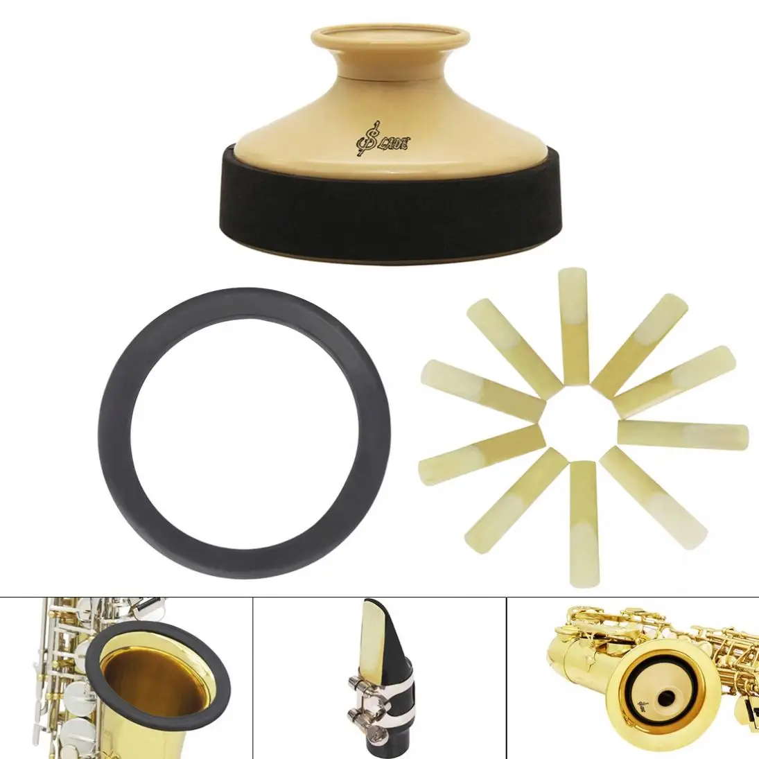 Alto Sax Accessories Kit with ABS Saxophone Mute + Rubber Protector Silencer Ring + 10pcs Reeds for all alto saxophone
