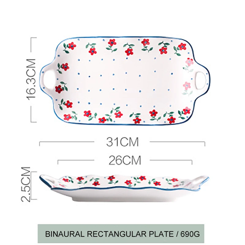 Rectangular Plate Набор керамических тарелок с цветочным узором, набор посуды, домашняя тарелка в деревенском стиле, тарелка, чаши для риса и супа, миска, миска для лапши, кружка - Цвет: Rectangular Plate