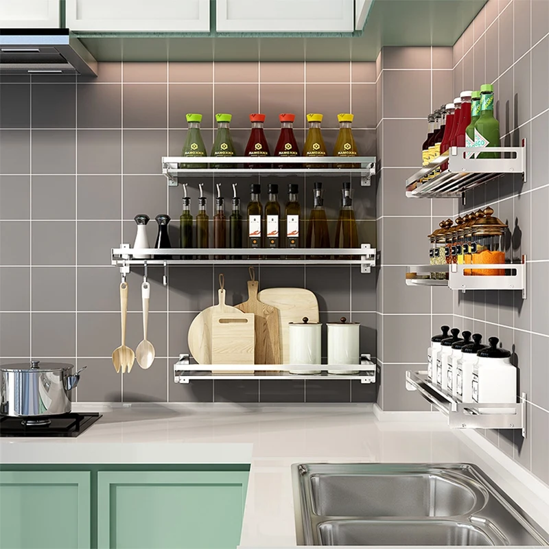 

Stainless Steel Storage Hanging Shelf Kitchen Shelf for Storage Organizer Wall Shelf Spice Rack Punch Free Storage Racks