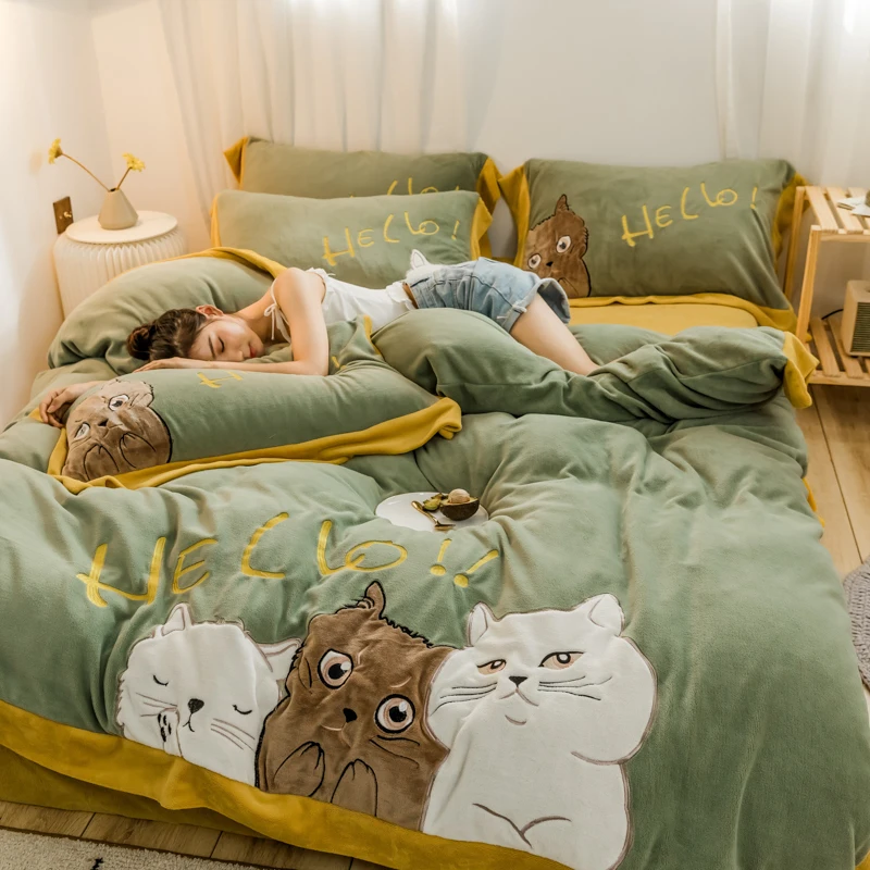 Modern Style AU Special Velvet Thicken Hello Cat Series Duvet Cover Pillowcase Bedspread Bed Set Queen King Avocado Green Khaki | Дом и сад