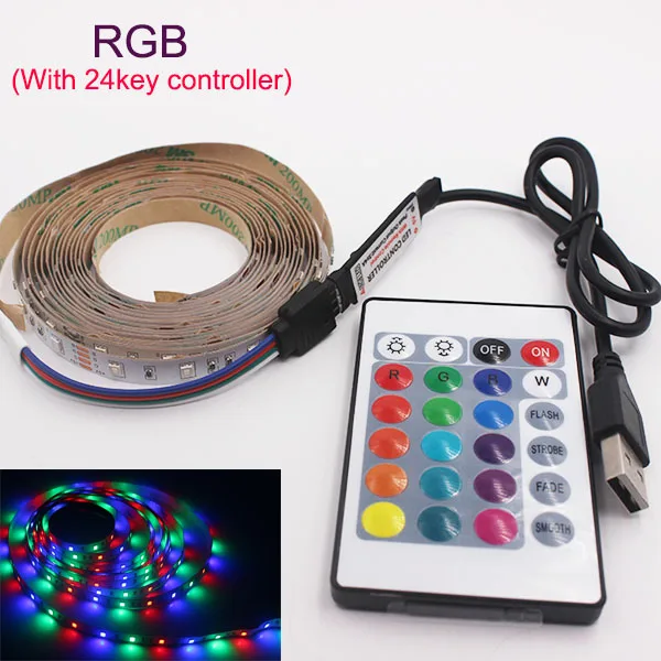 Гибкая светодиодная лента 5 В usb 0,5 м 1 м 2 м 3 м 5 м Светодиодная лента подсветка ТВ-лампы rgb теплая белая Адресуемая неоновая Светодиодная лента - Испускаемый цвет: RGB USB With 24key