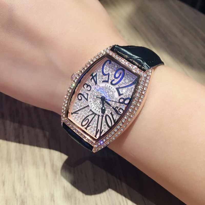 

Hot Luxury Couple Watch Wine Barrel Rose Gold Shell Multi Color Belt Quartz Movement Full Zircon Watch Waterproof Women's Watch