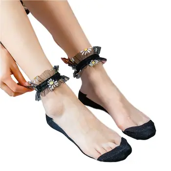 

Women Ultra Thin Glass Fiber Ankle Socks Ruffles Lace Daisy Print Mesh Hosiery D08E
