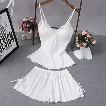 

Women sleepwear with shorts Pajamas Sexy Lingerie Satin Silk Nightwear Spaghetti Strap Lace Pyjamas Pijama Plus size red blue